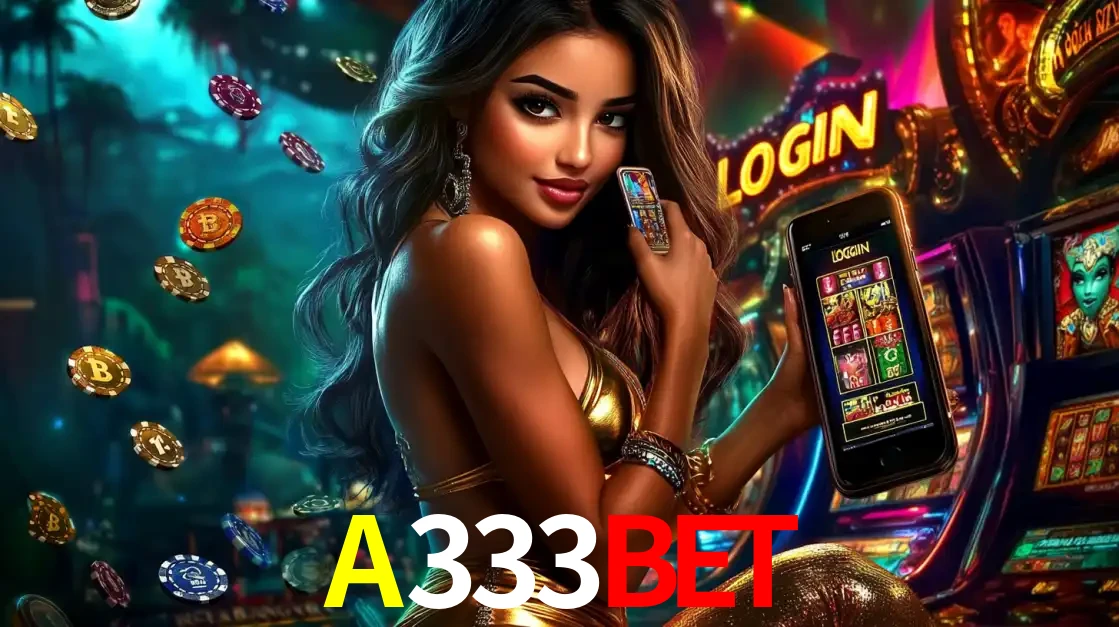 Mulher em um cenário de cassino temático de aventura, mostrando o app de caça-níqueis da A333BET no celular. Fichas de apostas flutuam ao redor.