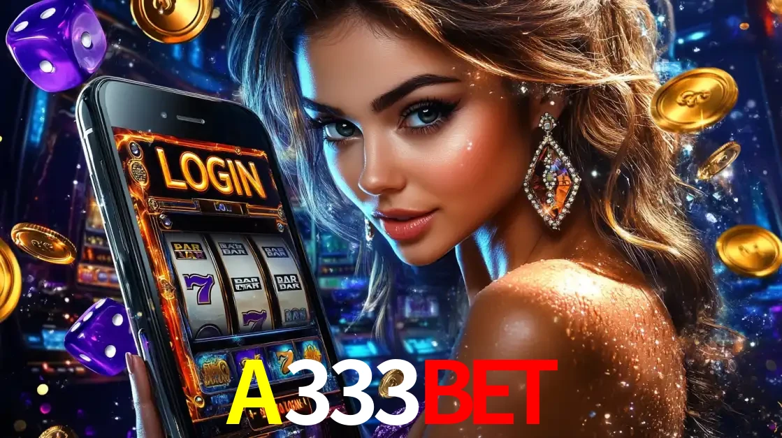 Mulher glamorosa segurando um smartphone com a tela de login para os jogos de caça-níqueis do cassino online A333BET, com moedas de ouro e dados ao redor.