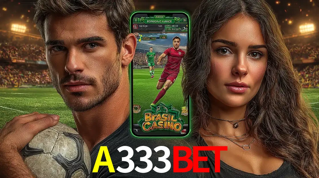 Homem segurando uma bola de futebol e uma mulher ao lado de um smartphone exibindo o jogo de apostas esportivas da A333BET. Faça seu palpite no cassino online.